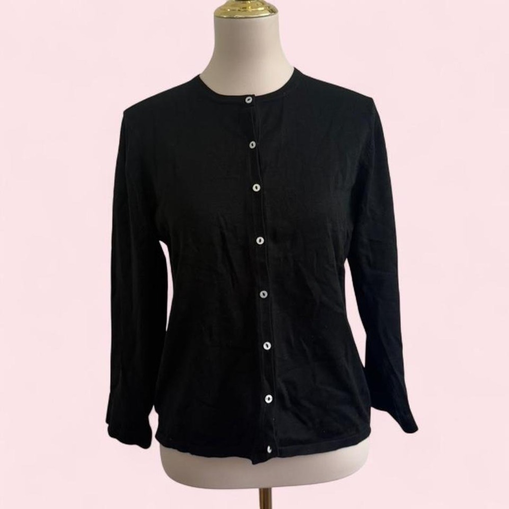 August Silk Black 75% Silk Button Front Cardigan 3/4 Sleeve Size M